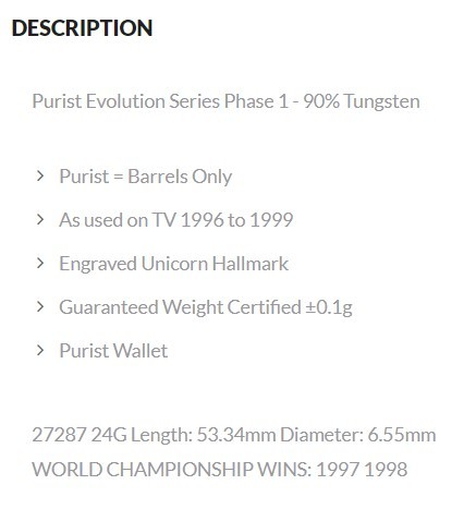 Unicorn Steeldarts - PURIST EVOLUTION SERIES PHASE 1 Phil Taylor - 90% TUNGSTEN - 24 gr